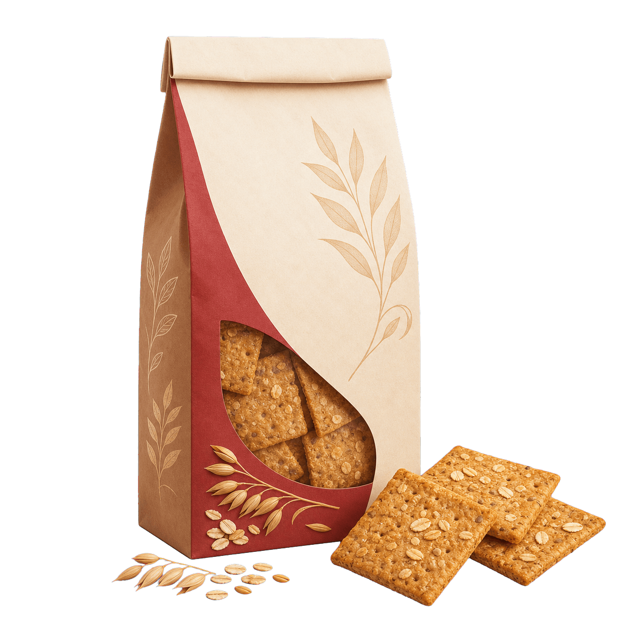 Whole-grain crackers in premium cream and crimson packaging